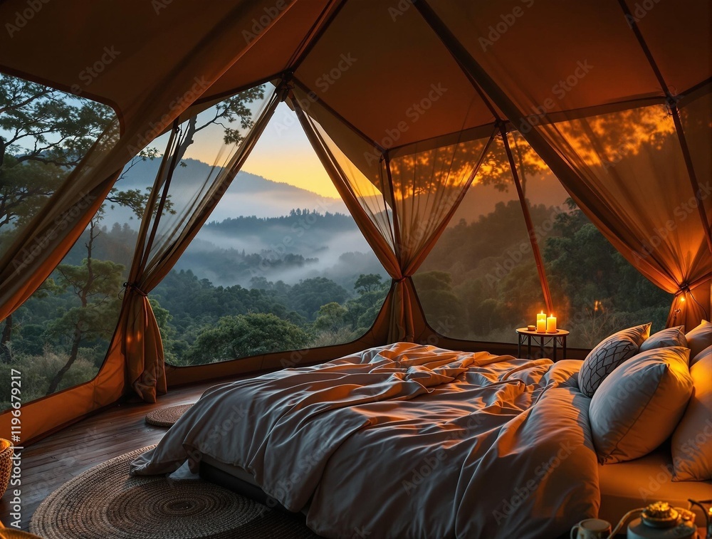 Poster cozy bedroom with a large bed, pillows, and a window overlooking a scenic view of a forest or mounta