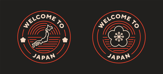 Japan travel logo. Welcome to Japan. Neon style, editable stroke. Thin vector icon set