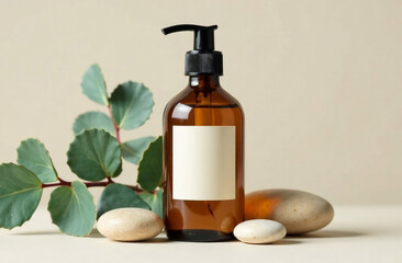 Mockup of cosmetic bottle with blank label and green leaves on beige background