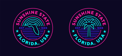 Florida travel logo. Welcome to Florida. Neon style, editable stroke. Thin vector icon set