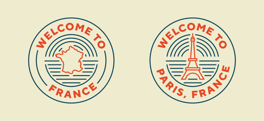 France travel logo. Welcome to Paris, France. Neon style, editable stroke. Thin vector icon set