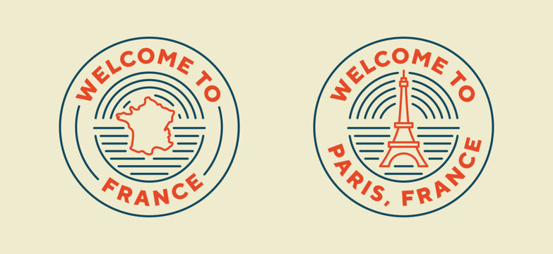 France travel logo. Welcome to Paris, France. Neon style, editable stroke. Thin vector icon set