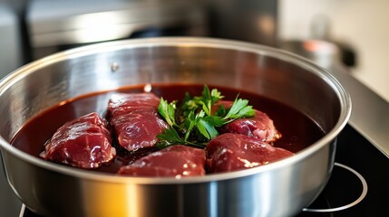 Fresh Cuts of Meat in Cooking Pot