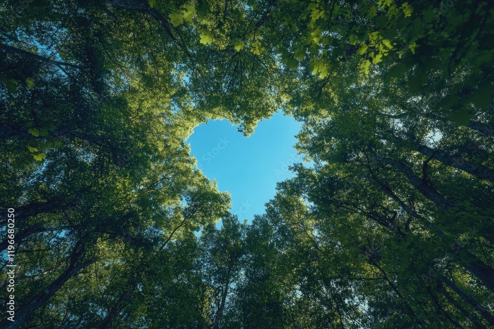 Poster lush green forest creating a heart shape with the sun filtering through the canopy.