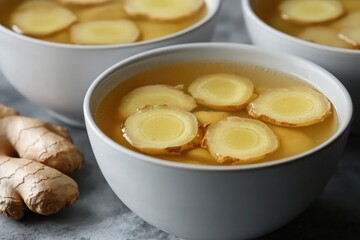 Warm ginger tea in white bowls showcases sliced ginger floating