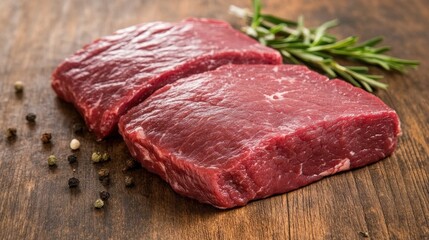 Fresh Cuts of Red Meat on Wooden Surface