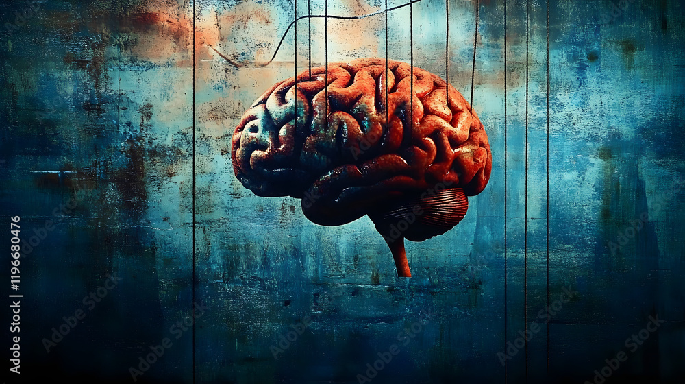Poster vivid human brain against a rich textured background with string symbolizing control and creativity 