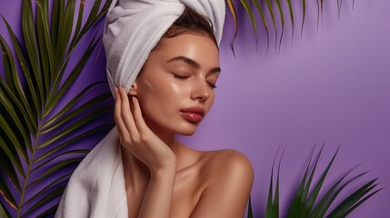 Peaceful woman with towel on head and perfect skin during a wellness treatment. Purple background with palm leaves, perfect for spa brochures and wellness guides.