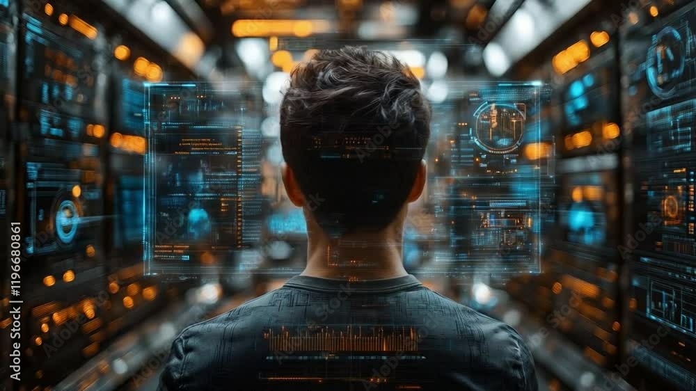 Poster A cyber defense specialist stands in a futuristic technological environment filled with glowing data displays and holographic interfaces.