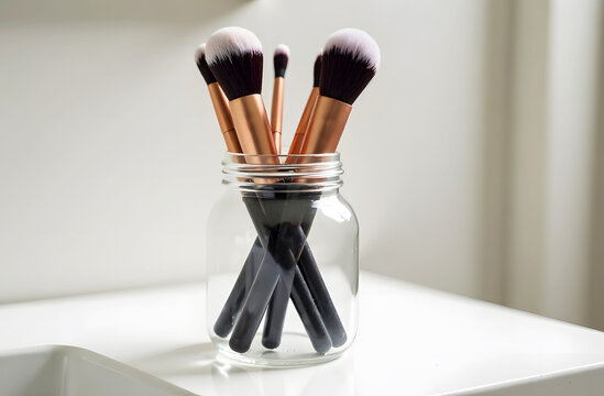 Makeup Brushes in Recycled Glass Jar. A set of makeup brushes with rose gold handles placed inside a recycled glass jar, sitting on a white bathroom counter with soft natural lighting.