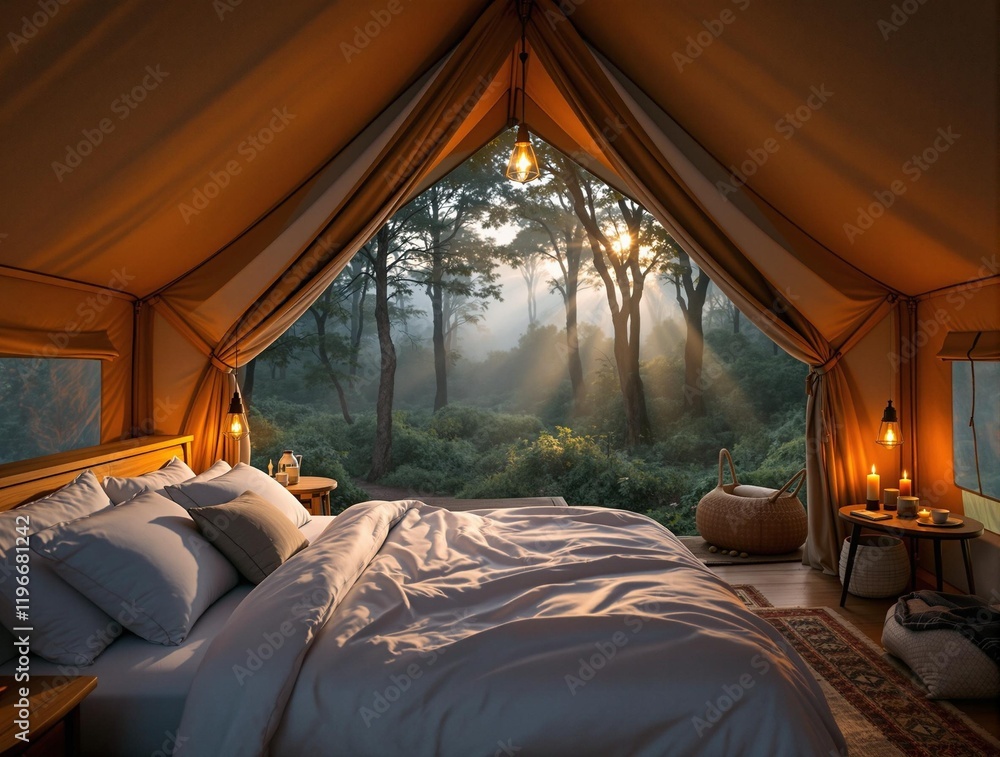 Aufkleber cozy bedroom with a bed, a window overlooking a serene forest, and a lamp casting a warm glow. the w