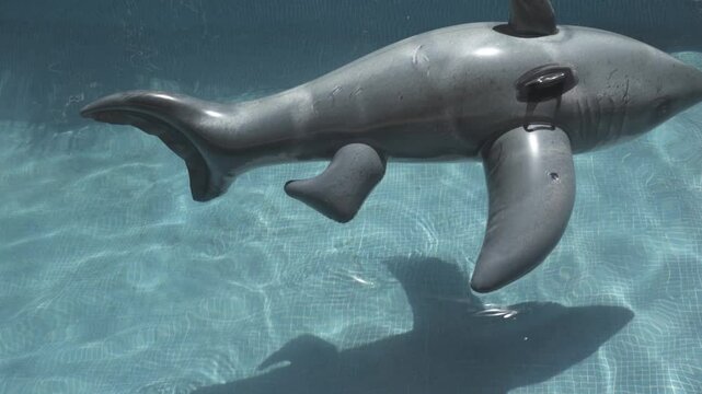 Inflatable dolphin and colorful pool floats drifting in a neglected swimming pool, highlighting the importance of regular pool maintenance and effective cleaning solutions
