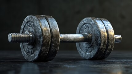 Fototapeta premium A 3D dumbbell with an industrial steel look, dark grey finish, sitting on a black background with directional lighting