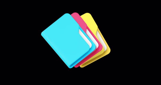 File folder stack with document datum archive paperwork 3d icon animation with alpha channel. Data management important information storage database directory organization business office stationery