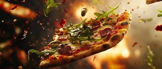 Pizza slice flying through the air with fresh herbs and toppings, showcasing delicious flavors and culinary creativity in a vibrant food photography scene.