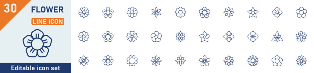 Flower line icon set. Set of 30 outline icons related to flower, rose, jasmine, frangipani, orchid, lily, geranium, sun, tulip and others. Editable stroke. Vector illustration.