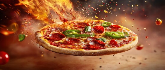Pizza spinning in mid-air with vibrant toppings and flames, showcasing culinary excellence and the art of Italian cuisine in a dramatic food concept.