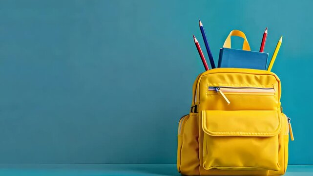 A bright yellow backpack filled with colorful pencils and a notebook stands upright against a vibrant blue background, symbolizing readiness for school and the excitement of learning