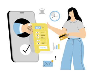 Online tax payment. Woman with credit card pay tax via smartphone. Remote online payments, transfers and transactions. Vector illustration on isolated white background.	