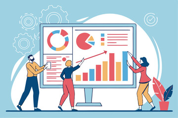 Business analytics dashboard, giant interactive screen, data visualization, colorful charts and graphs, business professionals collaborating, flat vector illustration style, blue background, modern of