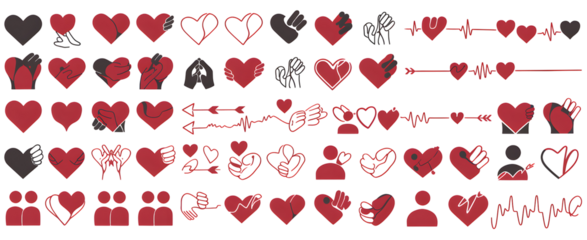 Red Heart Icons Set Graphic Design Elements Valentines Day Love Romance Passion Affectionate Hearts Collection Digital Art Illustration Vector Graphics Romantic Symbols Heartbeat Pulse Arrows Hands   