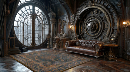 Steampunk Interior with Vintage Decor and Intricate Machinery