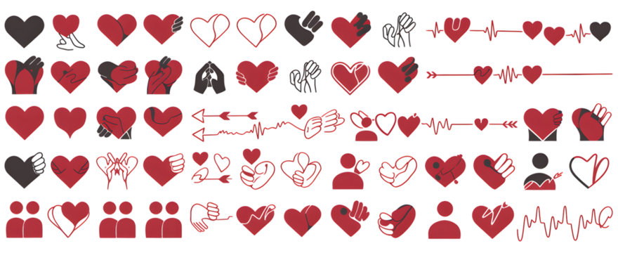 Red Heart Icons Set Graphic Design Elements Valentines Day Love Romance Passion Affectionate Hearts Collection Digital Art Illustration Vector Graphics Romantic Symbols Heartbeat Pulse Arrows Hands   