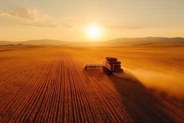 Fototapeta premium Stunning Sunset Over Golden Wheat Field with Combine Harvester in Action During Harvest Season in Rural Countryside Landscape
