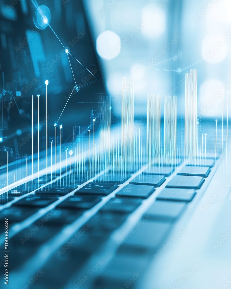 Poster digital business analytics growth: data visualization on laptop keyboard