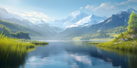 Fototapeta premium Tranquil Mountain Lake Surrounded by Green Hills, Trees, and a Clear Blue Sky