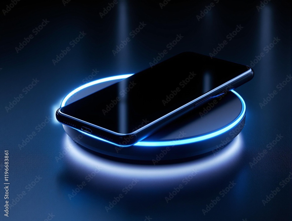 Aufkleber smartphone placed on a circular, glowing charging pad, with blue light surrounding it. the backgroun