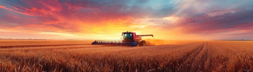 Fototapeta premium Stunning Sunset Over Wheat Field with Combine Harvester in Action Capturing the Essence of Agriculture and Harvest Season