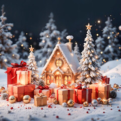 Snowy Christmas cottage, gifts, forest, night, card