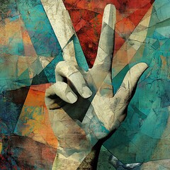 Digital collage modern art. Rock, Scissor and paper hand sign, with conflict geometry