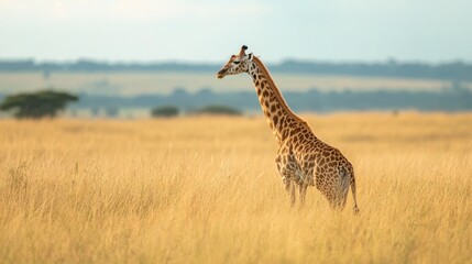 Fototapeta premium Giraffe in golden savanna grass.