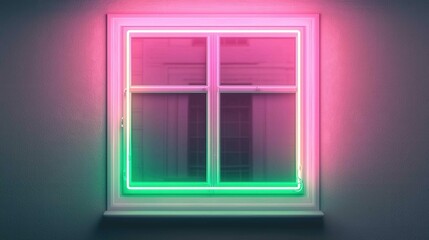 ์Neon signs and energetic, A vibrant neon-lit window framed in pink and green hues, creating a modern and artistic ambiance.