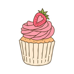 Appetizing cupcake with pink cream and sweet strawberries on top. Vector illustration in cartoon style on white background. Tasty, cute dessert and sweet pastry for menu, cafe, recipes, bakery