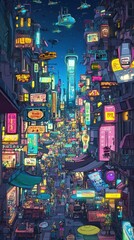 Obraz premium Futuristic City Street Night Market Vibrant Neon Lights Flying Vehicles