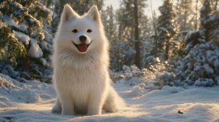 Fototapeta premium A fluffy white Samoyed dog sitting in a snowy forest with a joyful expression