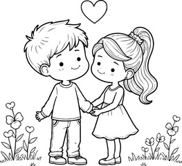Coloring page. Coloring picture of cartoon lovely couple on Valentines Day
