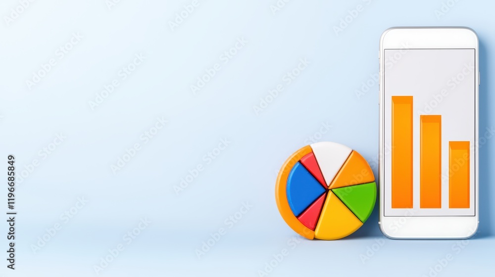 Poster smartphone with graphs and pie chart on light blue background