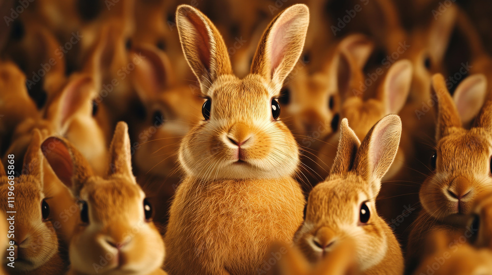 Poster fluffy rabbits in crowd, showcasing their adorable features and expressions. scene captures charm an