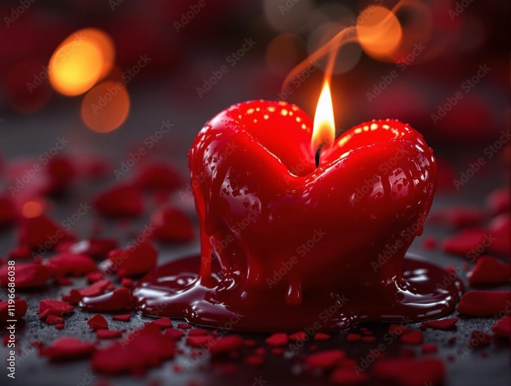 Poster lit red heart-shaped candle with a small flame on a dark, textured surface. there are scattered red 