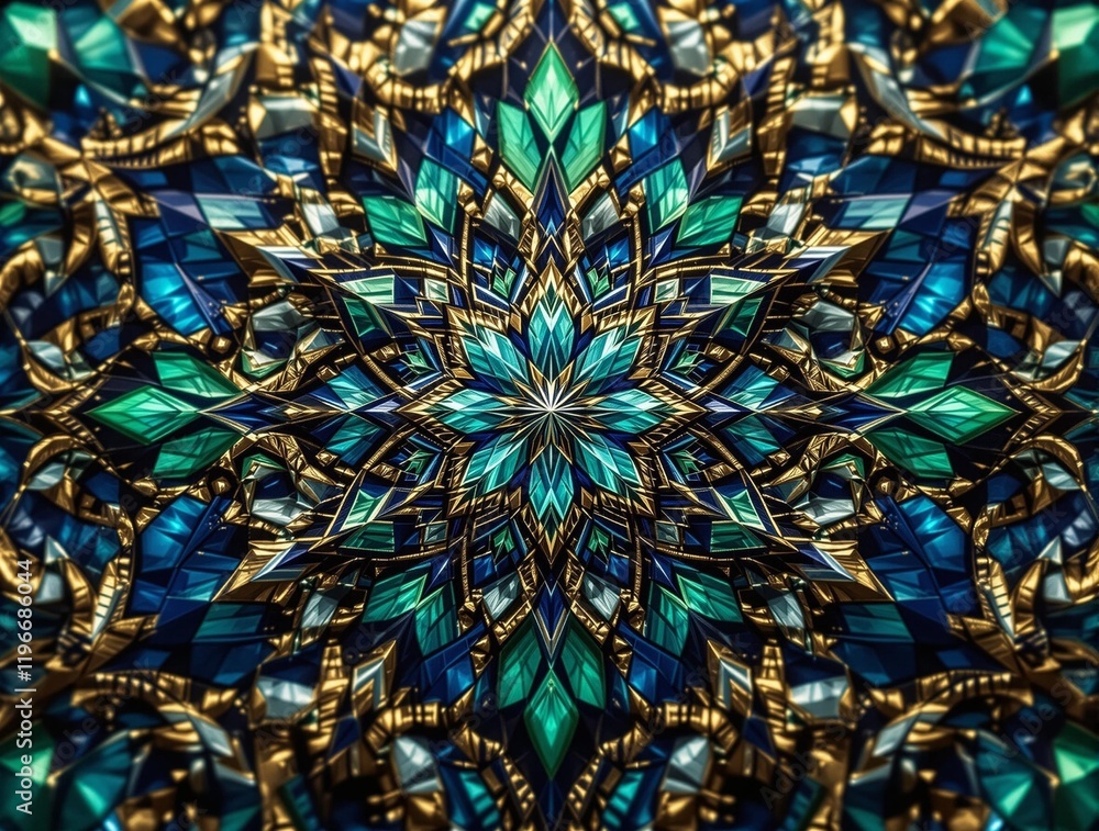 Leinwandbilder close-up of a kaleidoscope pattern. The pattern consists of blue and gold colors with a symmetrical design.