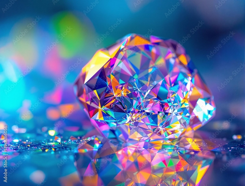 Poster colorful, multi-faceted gemstone with a vibrant reflection on a reflective surface, surrounded by a 