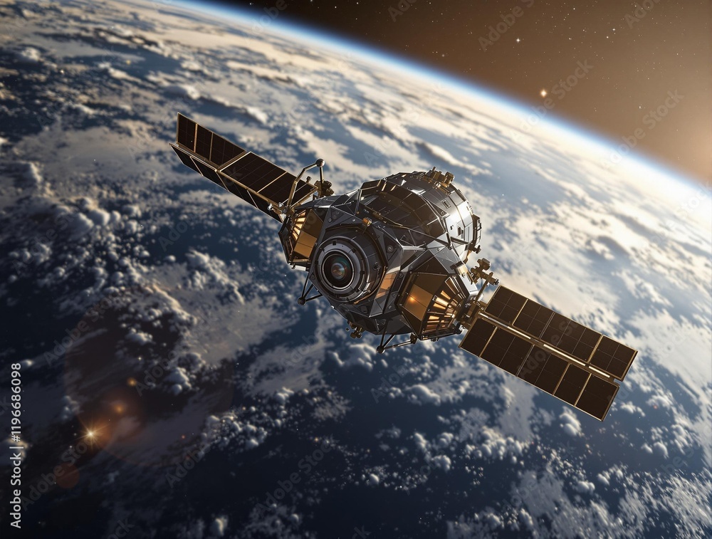 Poster  spacecraft orbiting Earth. The spacecraft has solar panels extending from its sides and appears to be in a low Earth orbit.