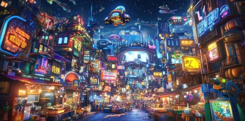 Obraz premium Futuristic City Night Market Vibrant Street Scene