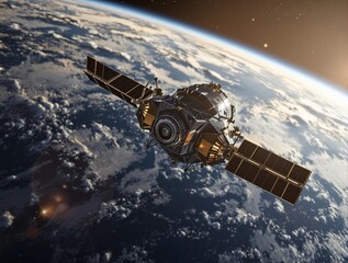 Obraz premium spacecraft orbiting Earth. The spacecraft has solar panels extending from its sides and appears to be in a low Earth orbit.