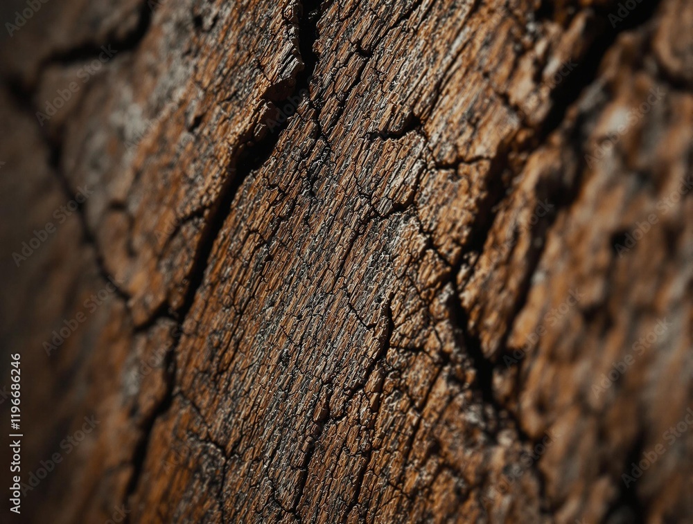 Poster close-up view of a tree bark with visible cracks and textures. The focus is on the detailed surface of the bark, highlighting its rough and rugged appearance.