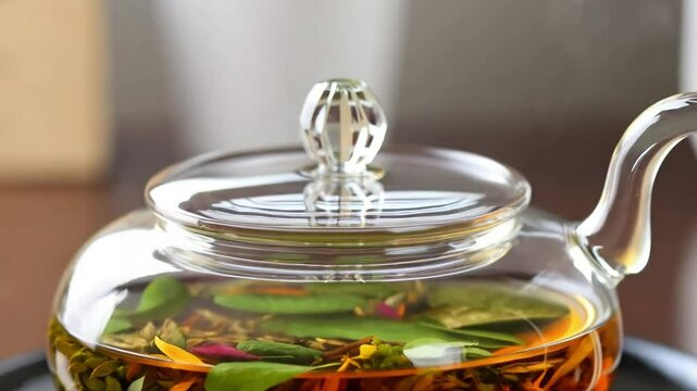 A glass teapot with boiling water where a bundle of herbal tea leaves is steeping, unfurling and releasing natural colors into the liquid.
